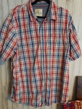 Outdoor Life Red and Blue Plaid Short Sleeve Button-Up Shirt